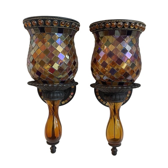 2 Party Lite Mosaic Glass Peglite And Votive Wall Sconce Global Fusion Set - Picture 1 of 13